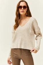 Olalook Women's Stone Wide V-Neck Silvery Knitwear Blouse