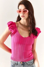 Olalook Women's Fuchsia Front Back V Shoulder Detailed Knitwear Blouse