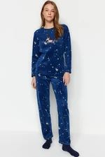 Trendyol Navy Blue Fleece Star Embroidery Detailed Tshirt-Pants Knitted Pajamas Set