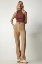 Happiness İstanbul Women's Camel High Waist Lycra Casual Knitted Pants Happiness İstanbul Women's Camel High Waist Lycra Casual Knitted Pants