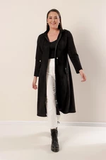 By Saygı Zipper Front, Hooded Beaded Plus Size Suede Coat Black with Side Pockets.