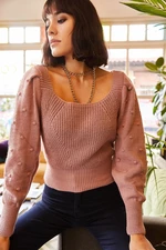 Olalook Women's Dried Rose Blindfolded Back sleeves, Pompoms Knitwear Sweater