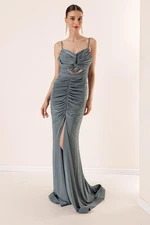By Saygı Rope Strap Front Slit Draped Chain Detail Crystal Fabric Long Dress