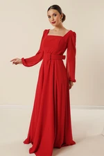 By Saygı Lined Chiffon Long Evening Dress with a Square Neck Waist and Belted Belt.