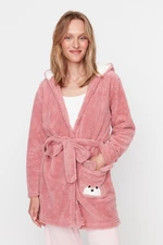 Trendyol Powder Animal Figured Wellsoft Knitted Dressing Gown with a Hoodie and Pocket