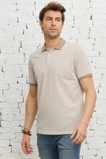 ALTINYILDIZ CLASSICS Men's Beige-white Comfort Fit Loose-fitting Polo Collar Cotton Jacquard T-Shirt with Pocket.