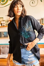 Olalook Women's Black Palm Sequin Detailed Oversized Woven Poplin Shirt