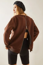 XHAN Brown Crew Neck Back Zipper Sweatshirt