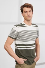 ALTINYILDIZ CLASSICS Men's White-khaki Slim Fit Slim Fit Crewneck 100% Cotton Short Sleeved Striped T-Shirt.