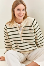 Bianco Lucci Women's Button-down Collar Turtleneck Striped Knitwear Sweater