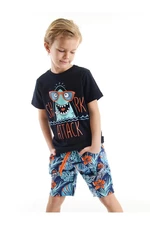 Denokids Shark Hawaiian Boy Kids' Navy Blue T-shirt with Tropical Shorts Set.
