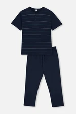 Dagi Navy Blue Half Pop Striped Jacquard Knitted Pajamas Set