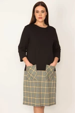 Şans Women's Plus Size Black Skirt Checked Patterned Pocket Dress