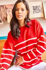 Olalook Women's Red Striped Knitwear Sweater with Button on the Shoulder
