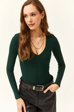 Olalook Women's Emerald Green Deep V-Neck Waistband Six Studs Lycra Bodysuit