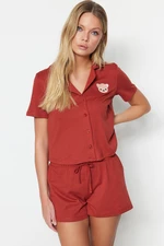 Trendyol Cinnamon 100% Cotton Teddy Bear Embroidered Shirt-Shorts Knitted Pajamas Set