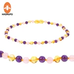 HAOHUPO 6 Design Amber Necklace Jewelry with Natural Rose Quartz Amethyst Gemstone Knotted Baltic Amber Bijoux for Baby Women