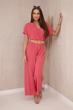 Jumpsuit with decorative belt at the waist coral