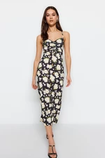 Trendyol Black Floral Pattern Shirred A-Line Midi Sweetheart Neck Straps, Flexible Knitted Dress