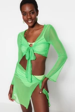 Trendyol Green Woven Tie Mesh Blouse and Skirt Set