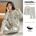 DUOJIHUI Two Piece Chic Pocket Female Pajamas Set Classic with Chest Pad Top Basic Pant Loose Fashion Printed Pajamas for Women