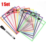 Reusable File Dry Erasable Pockets with Pen Transparent Write and Wipe Drawing Whiteboard Markers Teaching Supplies Storage Bags