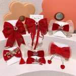 New Year Red Baby Big Bow Ribbon Hair Clips Crystal Headwear Geometric Women Girls Shiny Velvet Hairpins Hair Accessions