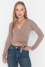 Trendyol Mink Tie Detailed Crop Double Breasted Viscose Knitted Blouse