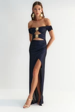 Trendyol X Zeynep Tosun Navy Blue Evening Dress &; Prom Dress with Accessory Detail