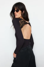 Trendyol Black Back Decollete Lace Detailed Long Sleeve Cotton Stretchy Knitted Body with Snap fastener