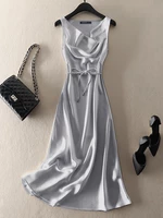 Satin Solid Cowl Neck Sleeveless Dress With Belt