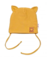 Baby Nellys Bavlněná dvouvrstvá čepice s oušky na zavazování FOX - hořčicová, vel. 56-62 (0-3m)