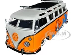 1962 Volkswagen Bus "Santa Monica Surf Club" Orange and White with Graphics with Roof Rack and Surfboard "Punch Buggy" Series 1/24 Diecast Model Car