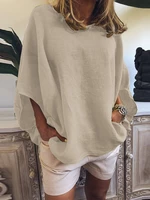 Women Casual Loose Pure Color O-Neck Half Sleeve Blouse