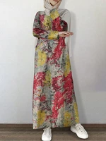 Women Cotton Floral Print O-Neck Long Sleeve Kaftan Tunic Maxi Dress With Side Pocket