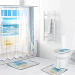 4PCS Bathroom Window Shower Curtain Set Beach Print Patent Prints Polyester