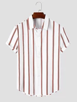 Mens Vertical Stripe Lapel Button Up Daily Short Sleeve Shirts