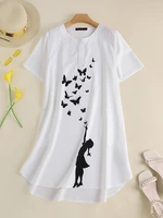 Butterfly Cartoon Girl Grahpic Crew Neck Pocket Casual Dress