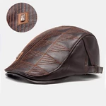 Collrown Men Faux Leather Stripe Pattern Vintage Solid Color Forward Hat Beret Hat