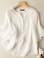 Solid Button Front Casual Crew Neck Short Sleeve Blouse