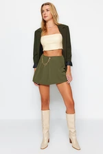 Trendyol Dark Khaki Weave Short Skirt with Chain and Pleat Detail