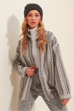Trend Alaçatı Stili Dámska sivá etnicky vzorovaná oversize tkaná zimná košeľa