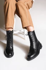 Marjin Women's Genuine Leather Boots Boots with Lace-up Zippered Casual Boots Alfira Black.