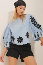 Trend Alaçatı Stili Women's Blue Embroidered Poplin Blouse