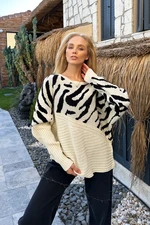 Trend Alaçatı Stili Women's Vanilla Boat Neck Pattern Block Winter Sweater