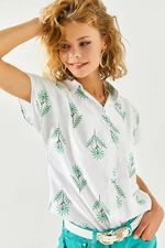 Olalook Women's Windmill Green Patterned Linen Bat Shirt