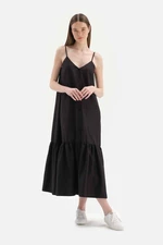 Dagi Long Black Woven Dress with Straps and Buttons at the Front