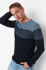 Trendyol Navy Blue Men's Slim Fit Crew Neck Blocky Sweater