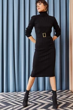 Olalook Dámské černé páskové tlusté žebrované pletené šaty