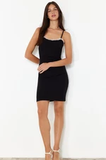 Trendyol Black Straight Fitted Cotton Ribbed Mini Stretch Knitted Pencil Dress